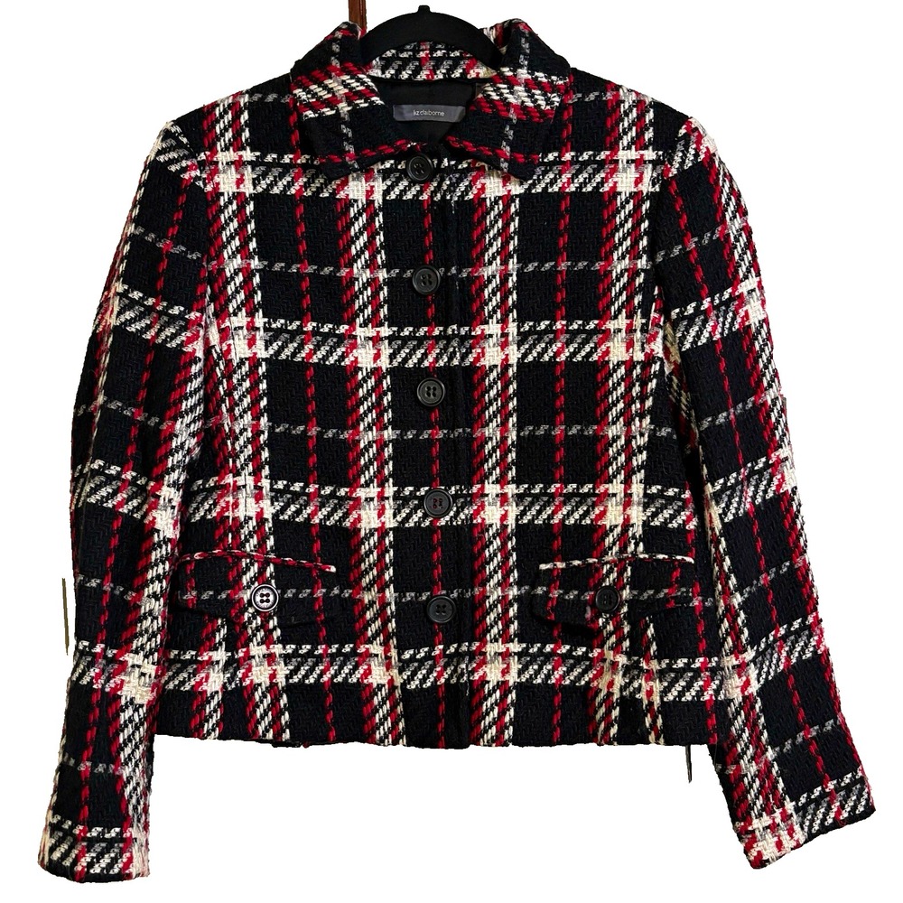 Liz Claiborne Wool Blend Plaid Jacket Petite Med Button Front Lined Pockets